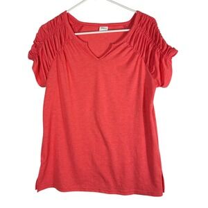 XIEERDUO Womens Medium Coral Pink Ruched Notched V-Neck Short Sleeve Top